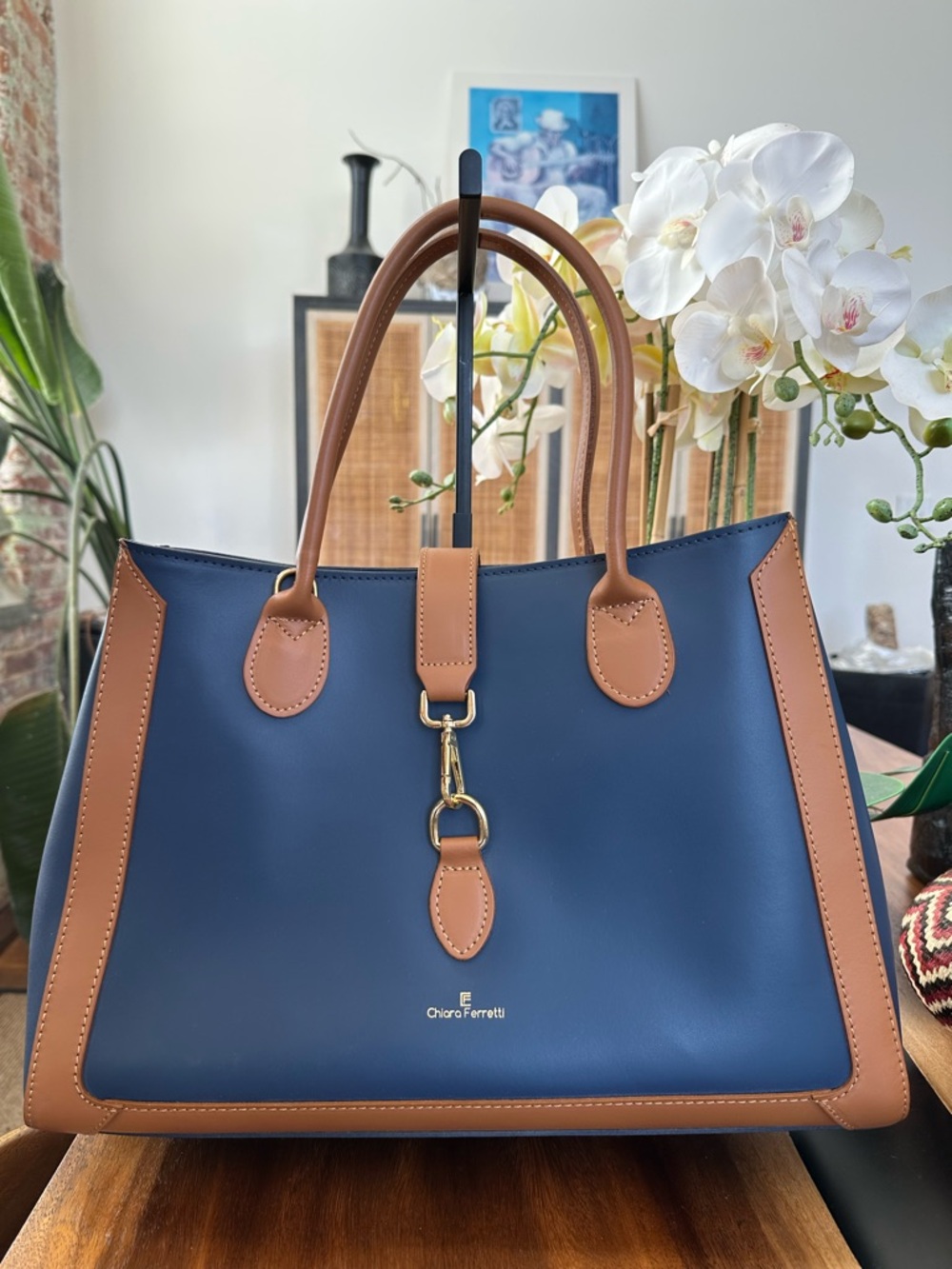 Chiara Ferretti Structured tote navy blue body w/ tan leather trim retail $350